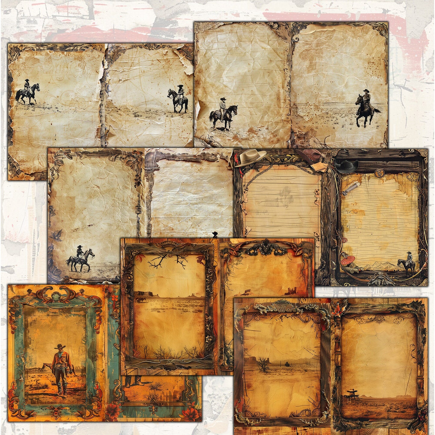 Vintage Cowboy 190s Junk Journal Digital Collection | 28 Folded Pages + 250+ Ephemera Sheets for Scrapbooking & Crafting - cow girls horses