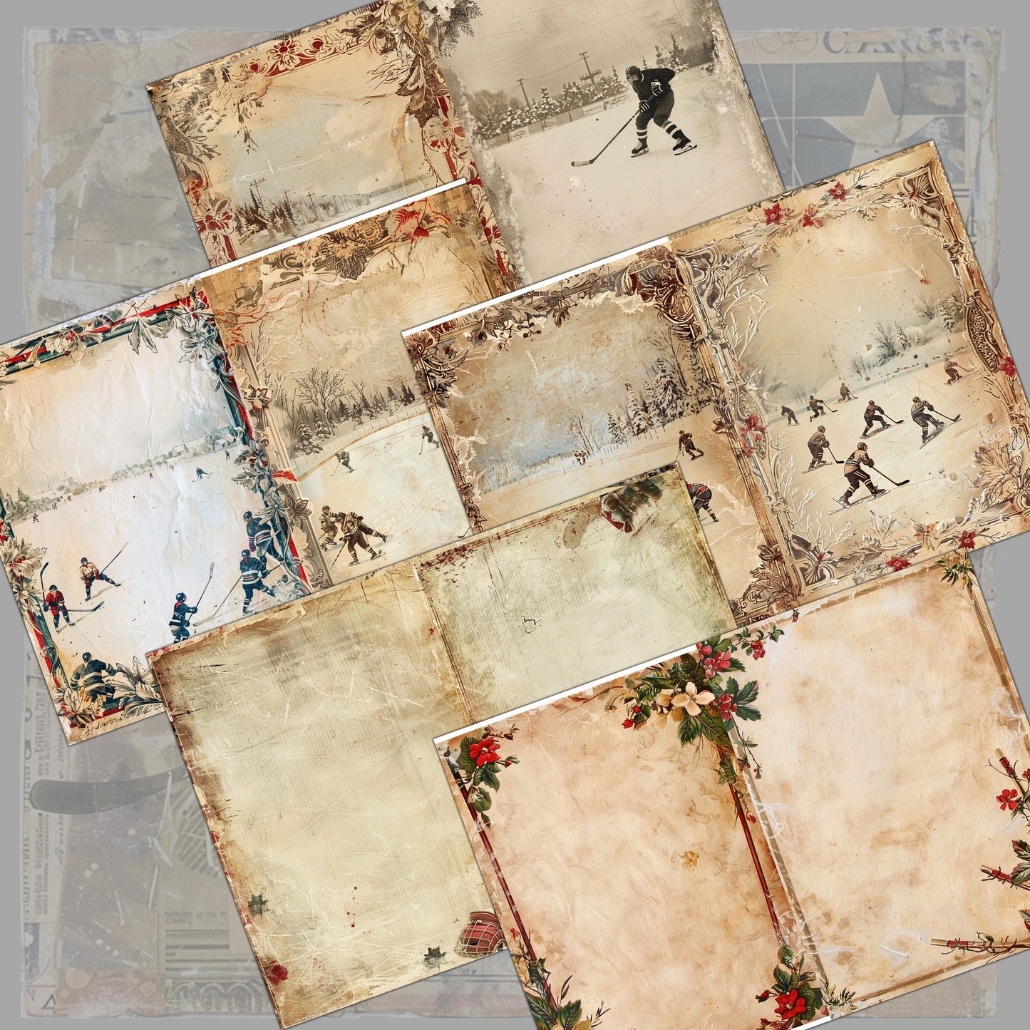 Vintage Hockey Junk Journal Digital Collection | 16 Folded Pages + 19 Ephemera Sheets for Scrapbooking & Crafting