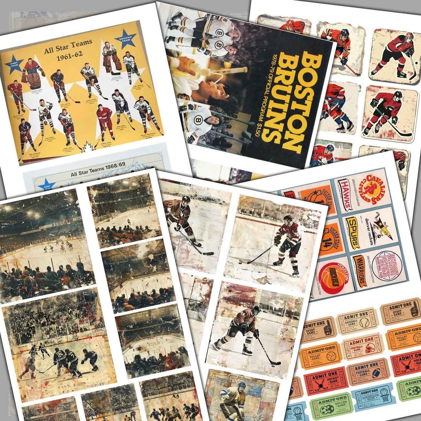 Vintage Hockey Junk Journal Digital Collection | 16 Folded Pages + 19 Ephemera Sheets for Scrapbooking & Crafting