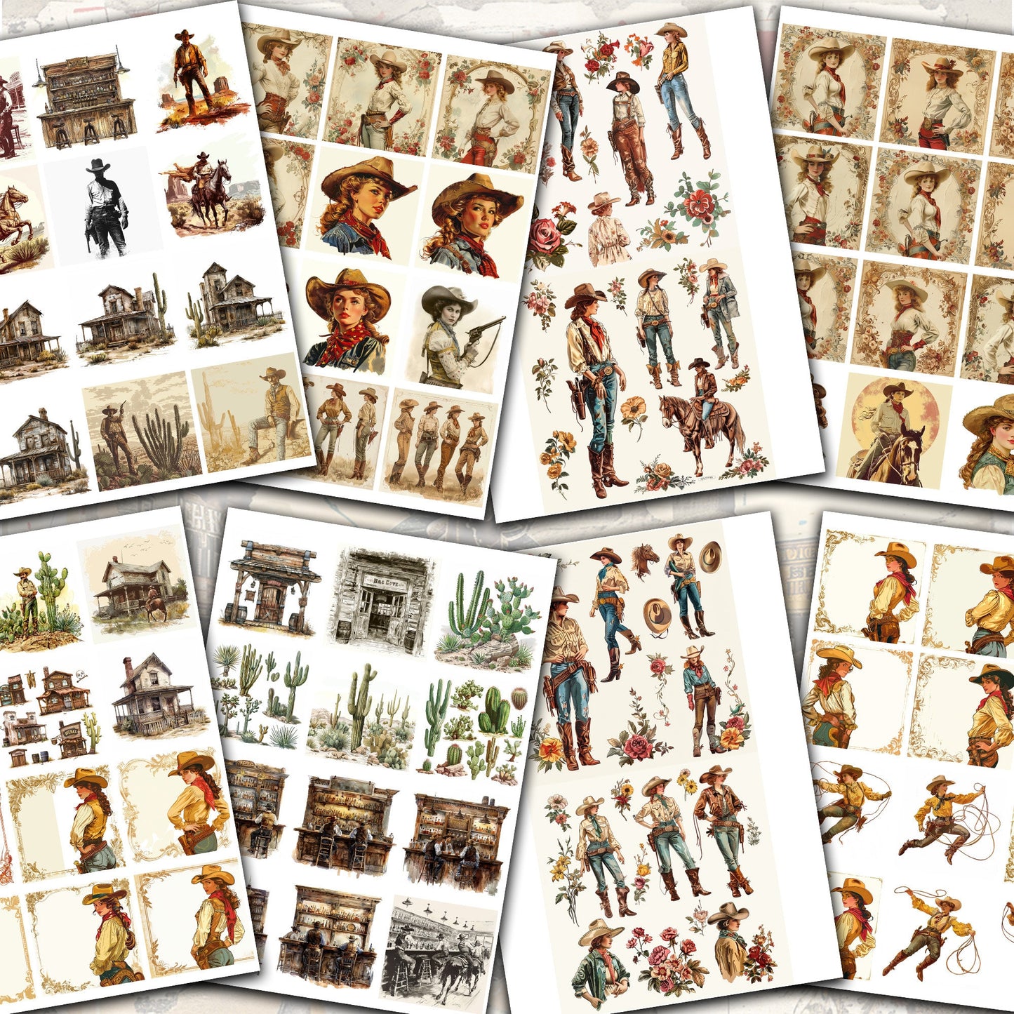 Vintage Cowboy 190s Junk Journal Digital Collection | 28 Folded Pages + 250+ Ephemera Sheets for Scrapbooking & Crafting - cow girls horses