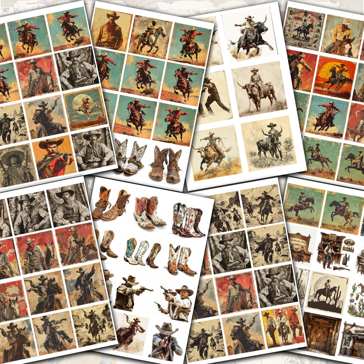 Vintage Cowboy 190s Junk Journal Digital Collection | 28 Folded Pages + 250+ Ephemera Sheets for Scrapbooking & Crafting - cow girls horses