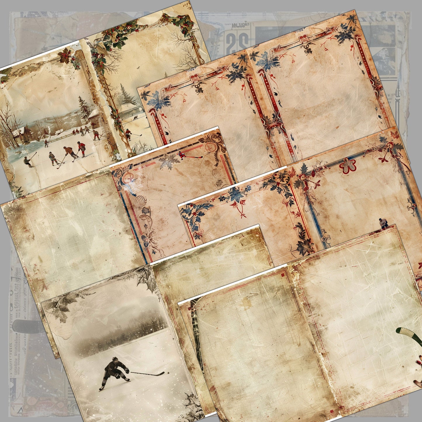 Vintage Hockey Junk Journal Digital Collection | 16 Folded Pages + 19 Ephemera Sheets for Scrapbooking & Crafting