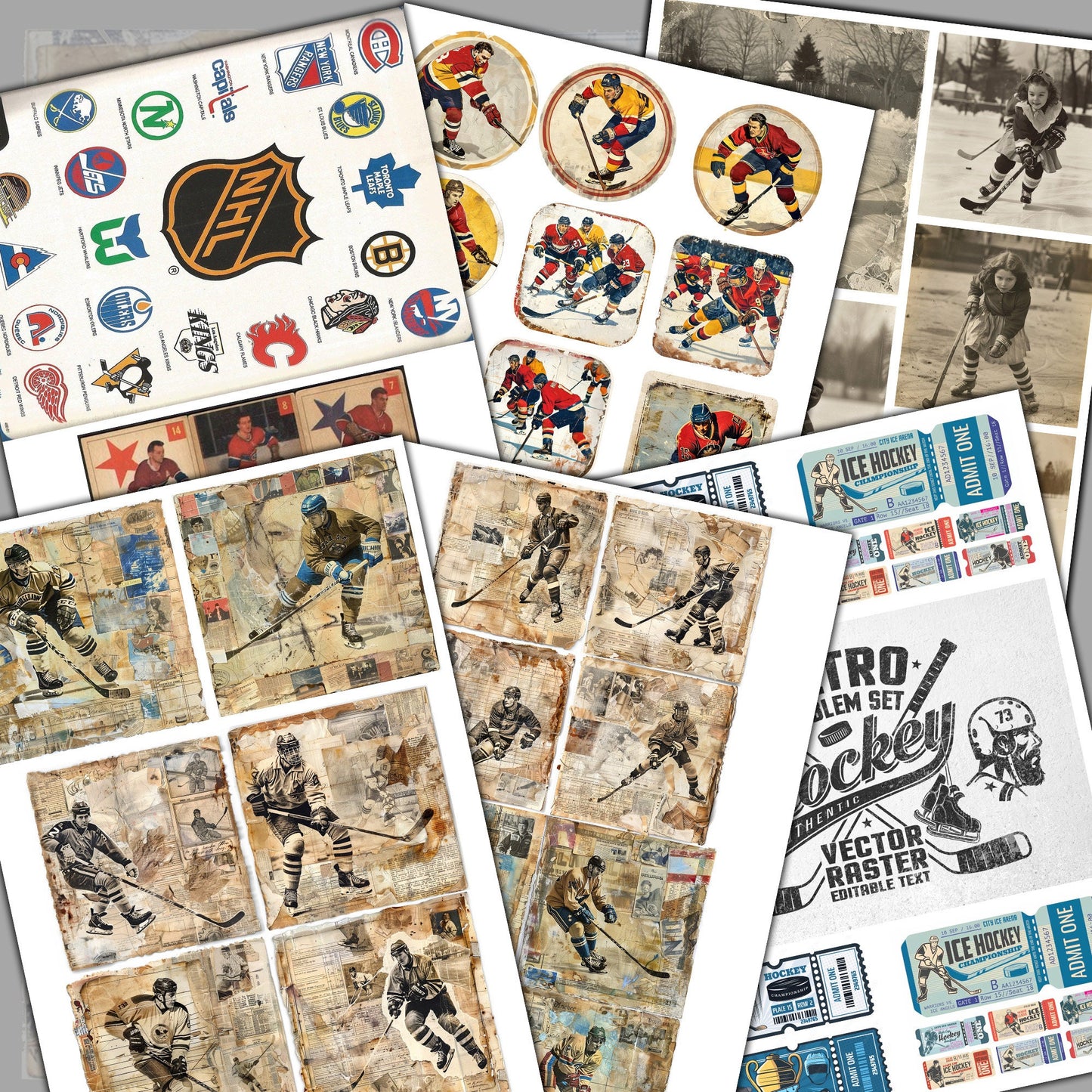 Vintage Hockey Junk Journal Digital Collection | 16 Folded Pages + 19 Ephemera Sheets for Scrapbooking & Crafting