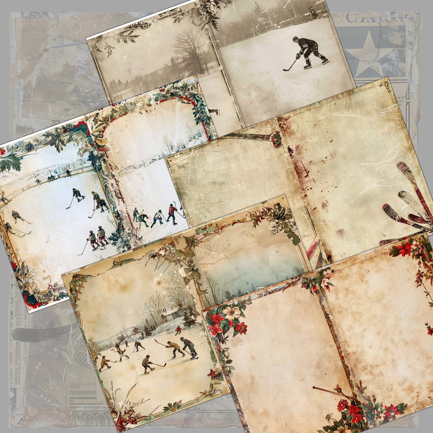 Vintage Hockey Junk Journal Digital Collection | 16 Folded Pages + 19 Ephemera Sheets for Scrapbooking & Crafting