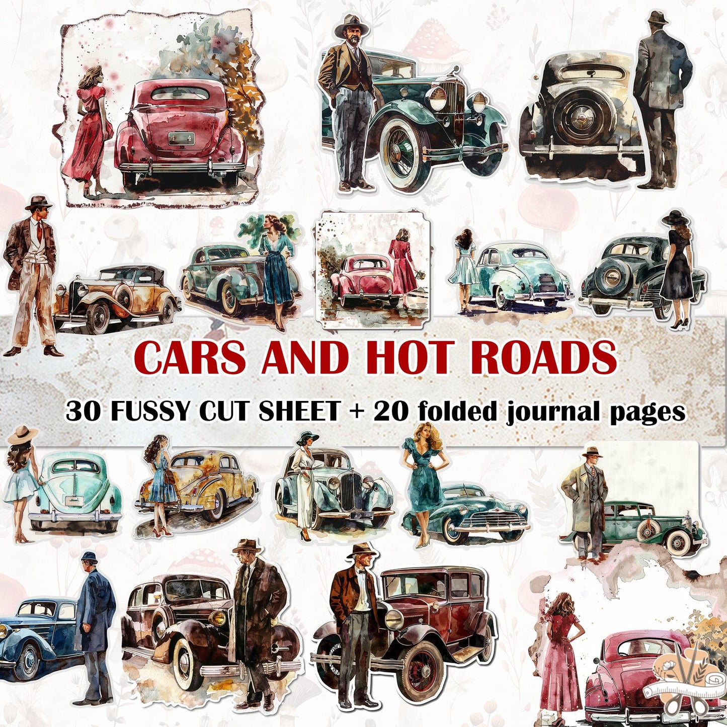 vintage CARS and HOT ROADS Printable Collection: 52 Sheets - pdf, png, jpg Journals and Crafts . fussy cuts images - digital printables
