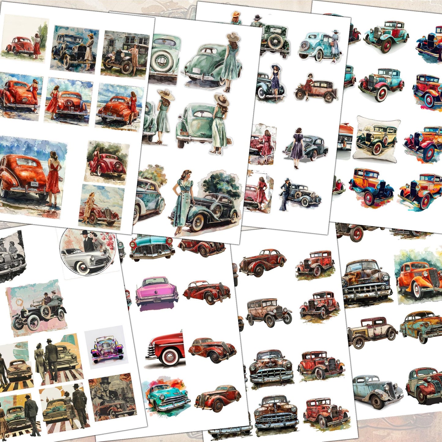 vintage CARS and HOT ROADS Printable Collection: 52 Sheets - pdf, png, jpg Journals and Crafts . fussy cuts images - digital printables