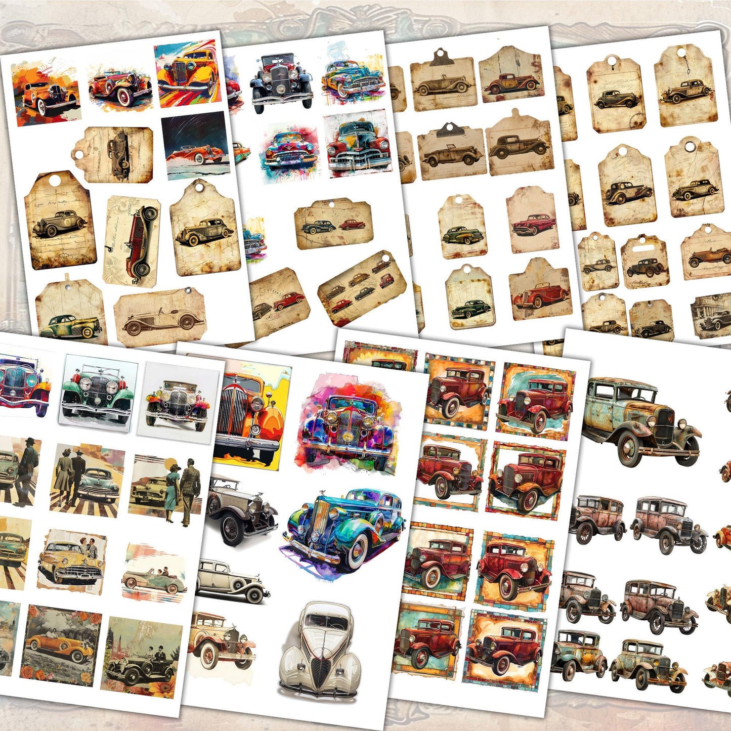 vintage CARS and HOT ROADS Printable Collection: 52 Sheets - pdf, png, jpg Journals and Crafts . fussy cuts images - digital printables