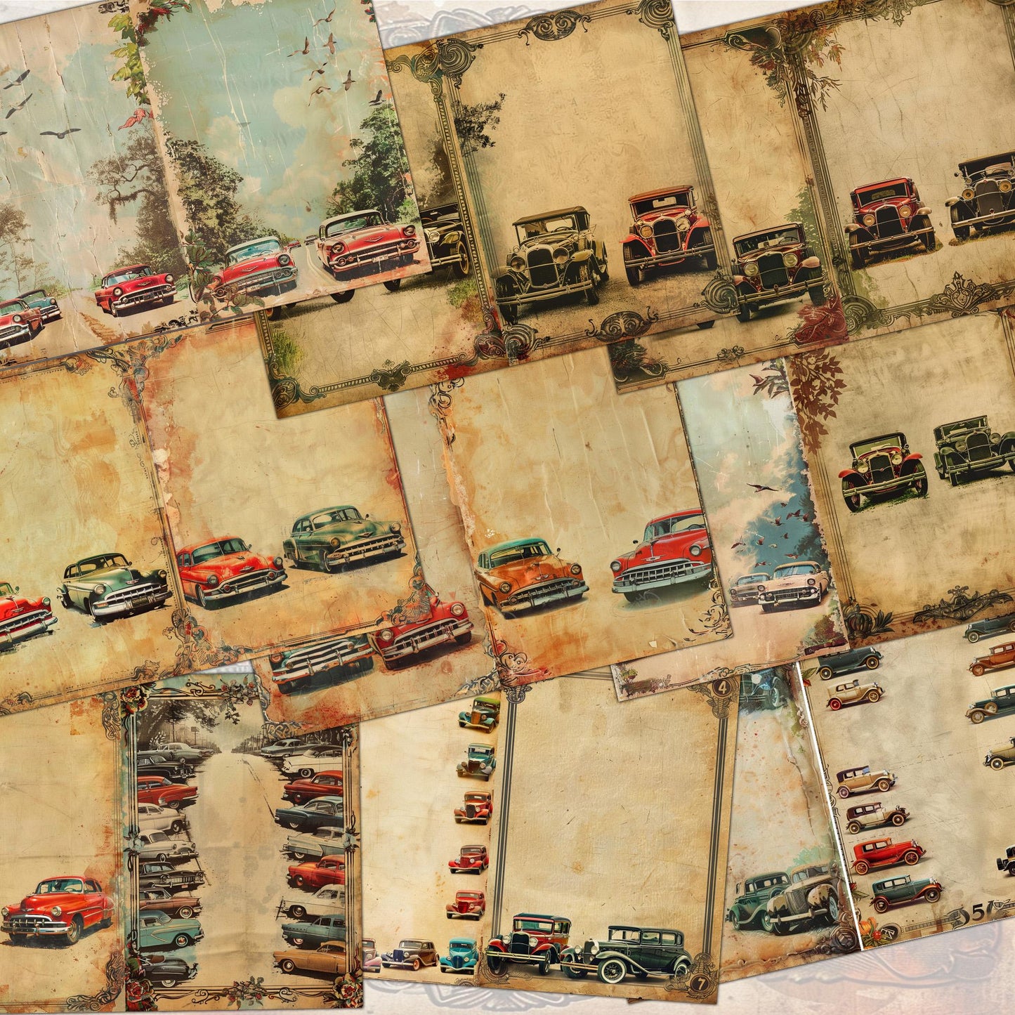vintage CARS and HOT ROADS Printable Collection: 52 Sheets - pdf, png, jpg Journals and Crafts . fussy cuts images - digital printables