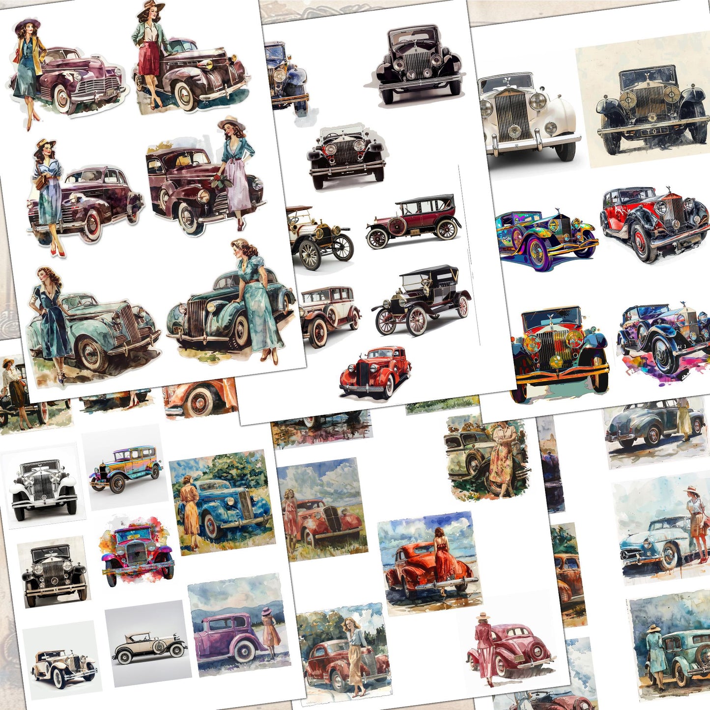 vintage CARS and HOT ROADS Printable Collection: 52 Sheets - pdf, png, jpg Journals and Crafts . fussy cuts images - digital printables