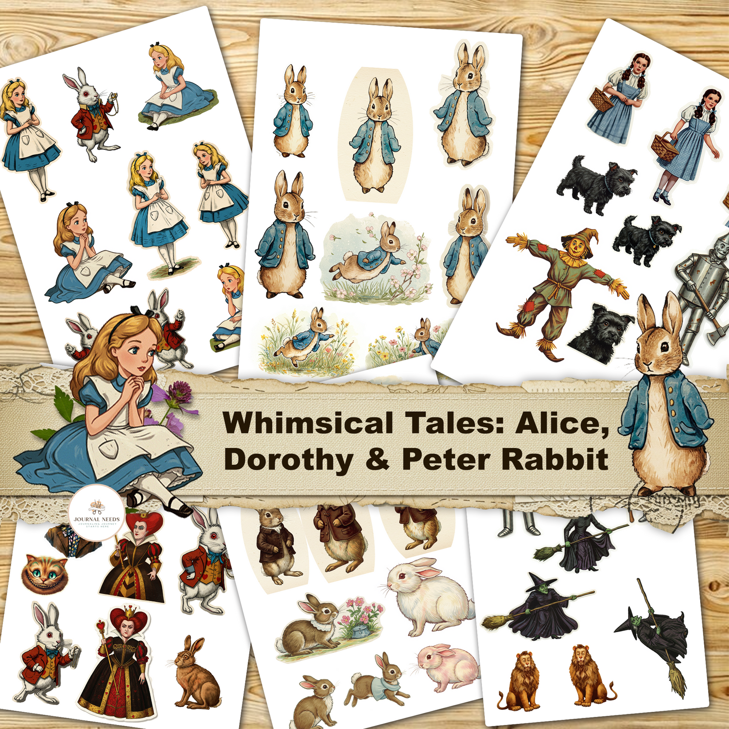 Whimsical Tales: Alice,  Dorothy & Peter Rabbit  9 Sheet Junk Journal Kit (PDF)