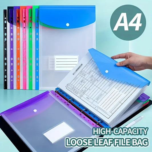 6pcs A4 High-Capacity Loose-Leaf File Bags with 11-Hole Binding Rings, Modern PP Material, Expandable Button and Label Pockets