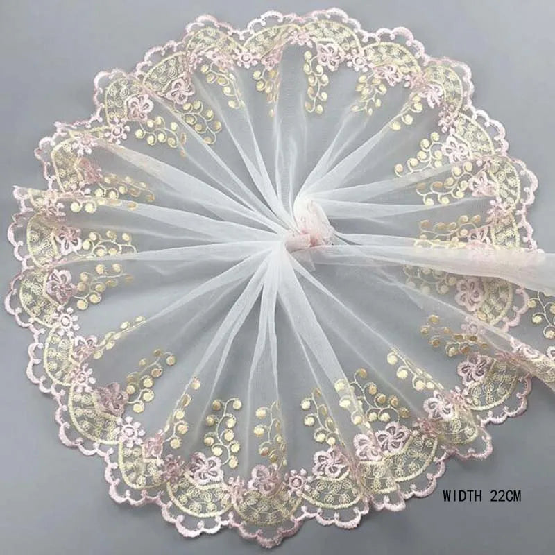 1Y Mesh Plum Blossom Flowers Embroidery Lace Fabric Pink Trim For Bra Lingerie Underwear Doll's Dress Ribbon