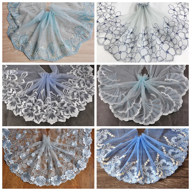 1Y Blue Mesh Embroidery Lace Fabric Handmade DIY Garment Sewing Clothing Accessories