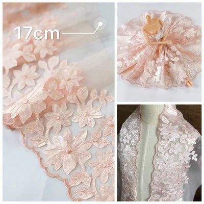 1Y Mesh Plum Blossom Flowers Embroidery Lace Fabric Pink Trim For Bra Lingerie Underwear Doll's Dress Ribbon