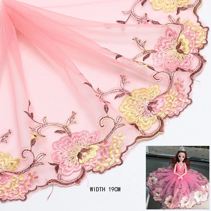 1Y Mesh Plum Blossom Flowers Embroidery Lace Fabric Pink Trim For Bra Lingerie Underwear Doll's Dress Ribbon
