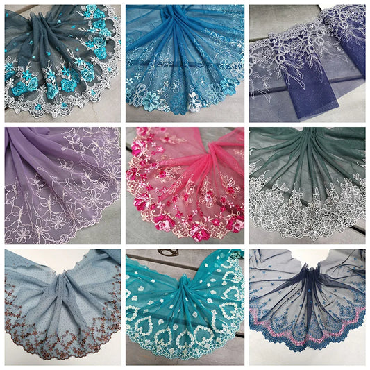 1Y Colorful Flower Embroidered Tulle Lace Trimmings Dress Accessories Lace Fabric Sewing Crafts Doll Material