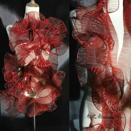 1Y Wave Pleated Organza Lace Trim Red Ruffle folds DIY Patchwork Decor Cuffs Neckline Gown Wedding Dress Accessories Wide 13CM