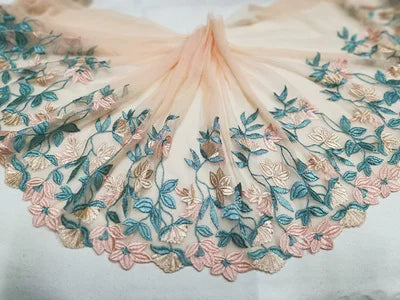 1Y Mesh Plum Blossom Flowers Embroidery Lace Fabric Pink Trim For Bra Lingerie Underwear Doll's Dress Ribbon
