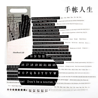 JIANQI 40 pcs Strip English Stickers pack DIY Decorative Scrapbooking material Black white text Poems Diary Album Craft Supplies