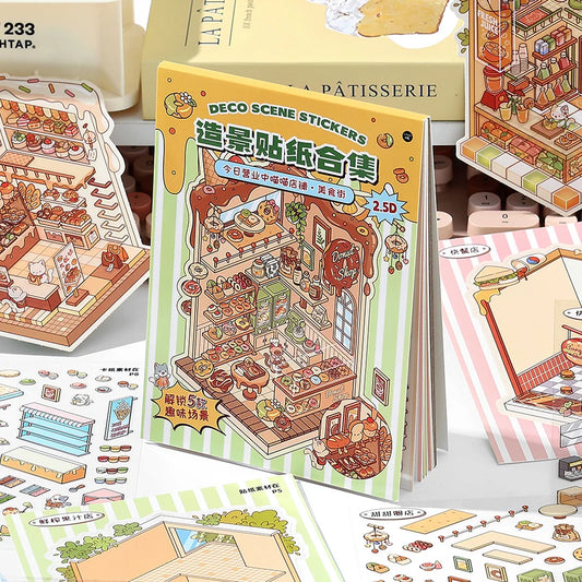 JIANQI 5in1 13Pcs 2.5D Landscape Sticker Cartoon Cabin Scene DIY Sticker Stacking Pasting Festival Birthday Gift for Kid Child