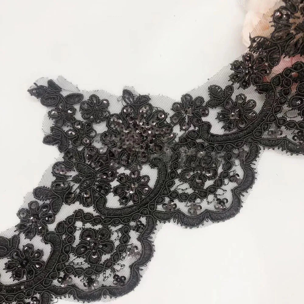 1Yard Sequins Eyelash Car Bone Lace White Lace Fabric Wedding Dress Accessories 14CM Wide