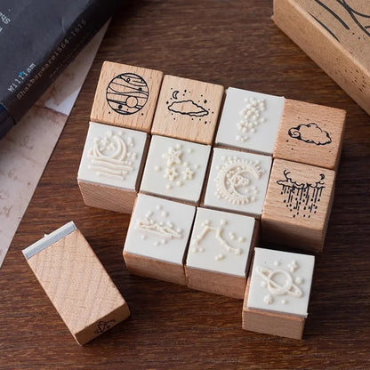 JIANQI16 pcs Moon Planet Star Weather Wooden Rubber Stamp Scrapbooking Deco DIY Craft Standard Wooden Stamps Set