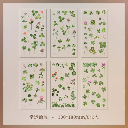 JIANQI 6pcs/pack Transparent PET Stickers Scrapbooking Materials DIY Junk Journal Collage Floral Leaves Plants Decor Stickers