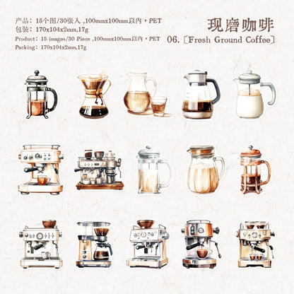 JIANQI 30pcs/pack Coffee theme Stickers Junk Journal Creative Stationery DIY Deco Stickers Scrapbooking Supplies