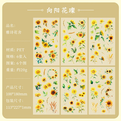 JIANQI 6pcs/pack Plant Flower Stickers PET Material DIY Scrapbooking Collage Junk Journal Planner Deco Stationery Sticker