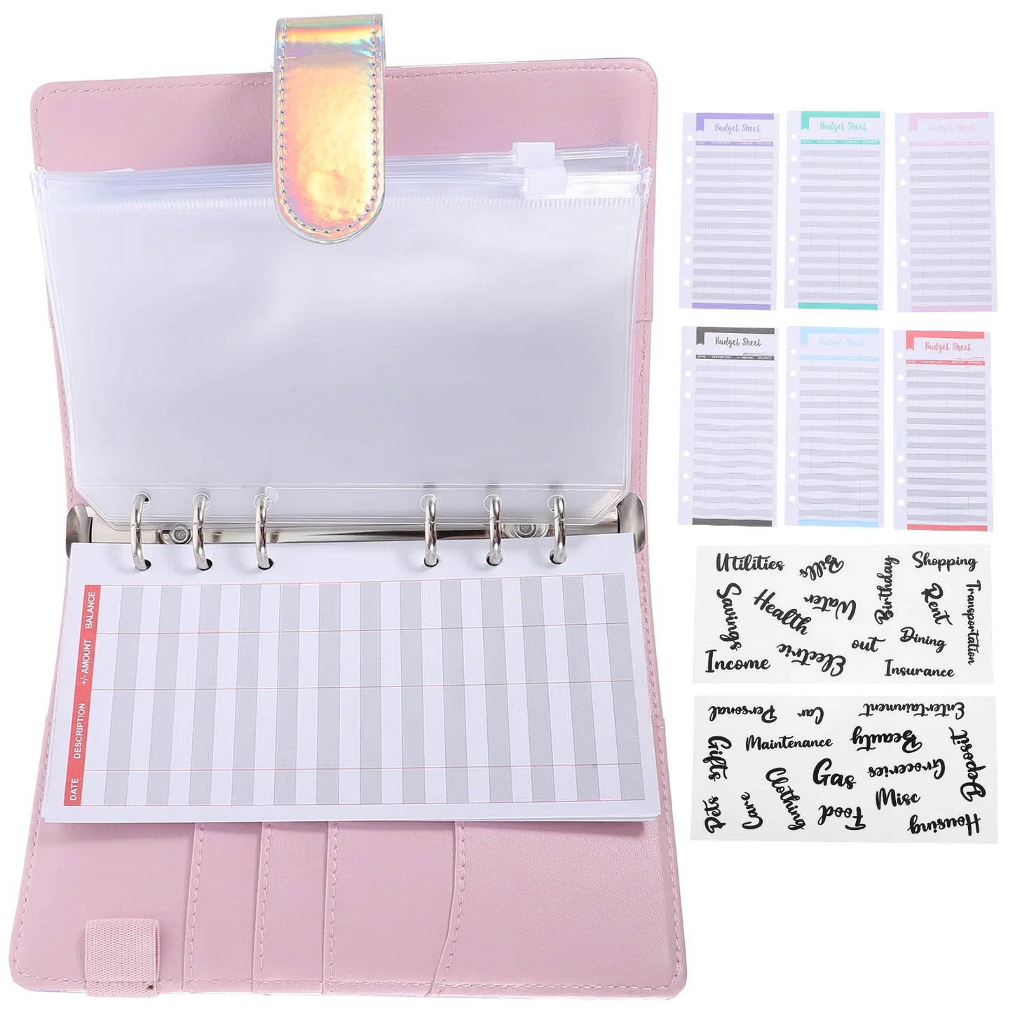 1 set A6 Budget Binder Set Silver Cover 12 Sheets 8 Zipper Pockets 2 Stickers Lightweight Notebook Storage for Home Office