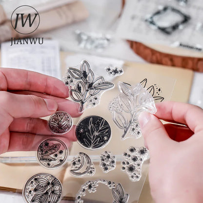 JIANWU Minimalist Black White Transparent Stamp Creative Retro Scrapbooking Journal Decoration Silicone Seal Stationery Supplies