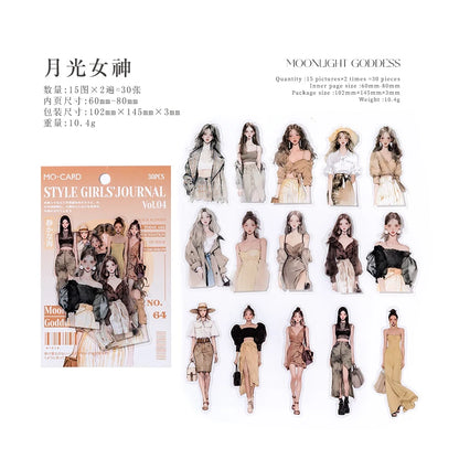 JIANQI 30pcs/pack PET Waterproof Stickers Fashion Girl Creative Scrapbooking Adhesive DIY Sticker Decor Junk Journal Supplies