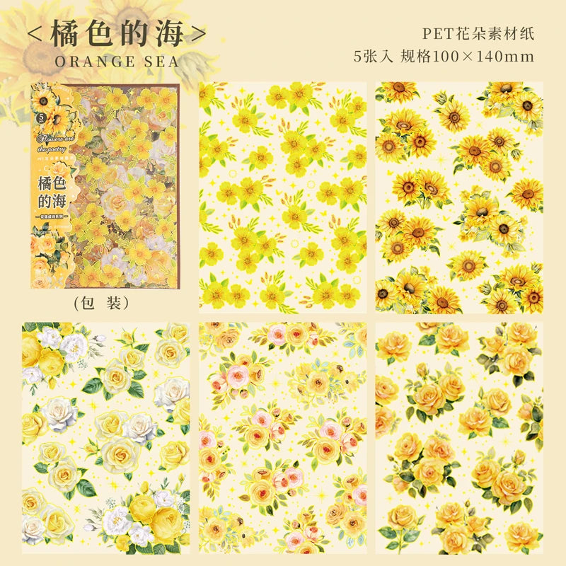 JIANQI 5 Sheets PET Flowers Stickers INS Decorative handmade Scrapbooking Material Diary Album Craft Supplies