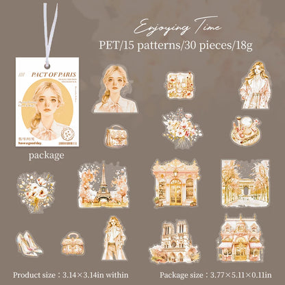 JIANQI 30 pcs/pack Paris Travel PET Stickers Decor DIY Scrapbooking Materials Art Collage Stationery Aesthetics Stickers