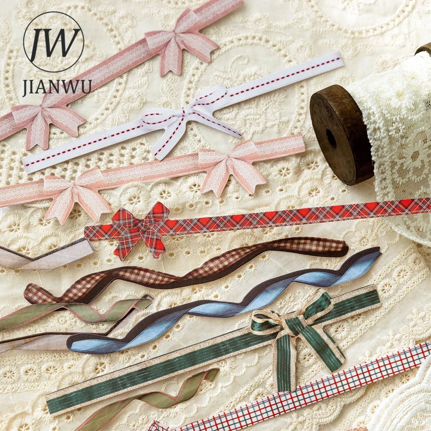 JIANWU Handmade Gallery Series Vintage Lace Flower Bow Landscape Material Collage Strip Sticker Creative DIY Journal Stationery