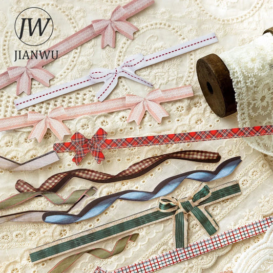 JIANWU Handmade Gallery Series Vintage Lace Flower Bow Landscape Material Collage Strip Sticker Creative DIY Journal Stationery