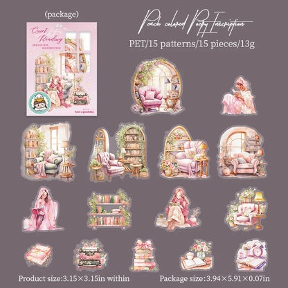 JIANQI 15pcs/pack Reading girl Stickers Junk Journal Creative Stationery DIY Deco Stickers Scrapbooking Supplies