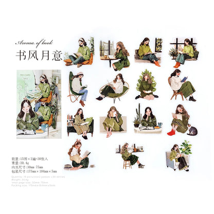 JIANQI 30 pcs/pack Reading girl Stickers aesthetic Stick Labels Decorative Diary Album material Scrapbooking Supplies