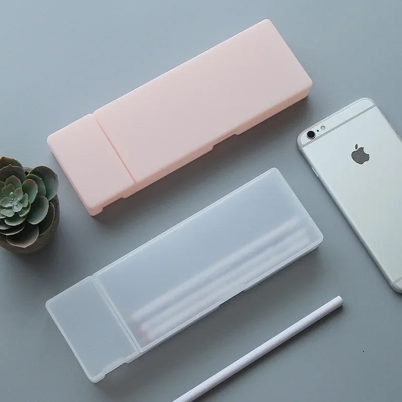Pencil Cases School Office Simple Matte Transparent Plastic Box Frosted Pink Green White Pens Storage Stationery Supplies