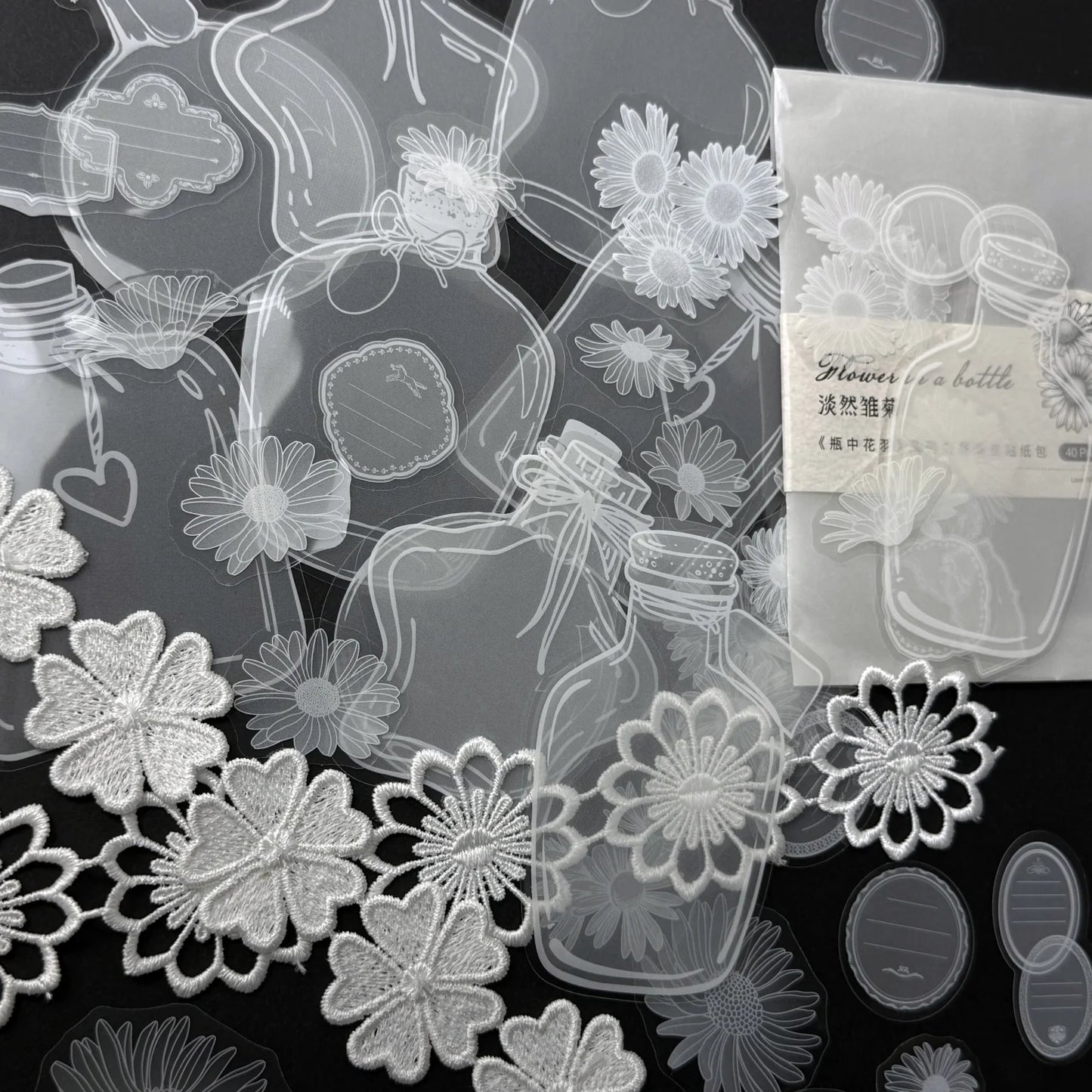 40pcs Transparent PET Vintage Bottle Flowers Crystal Ink Stickers Scrapbook DIY Sticker Craft Journaling Scrapbooking Material