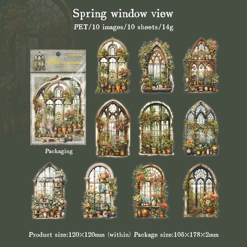 JIANQI 10pcs/pack Flowers Window Sticker PET Materials Collage Junk Journal DIY Scrapbooking Supplies Aesthetics Decor Sticker