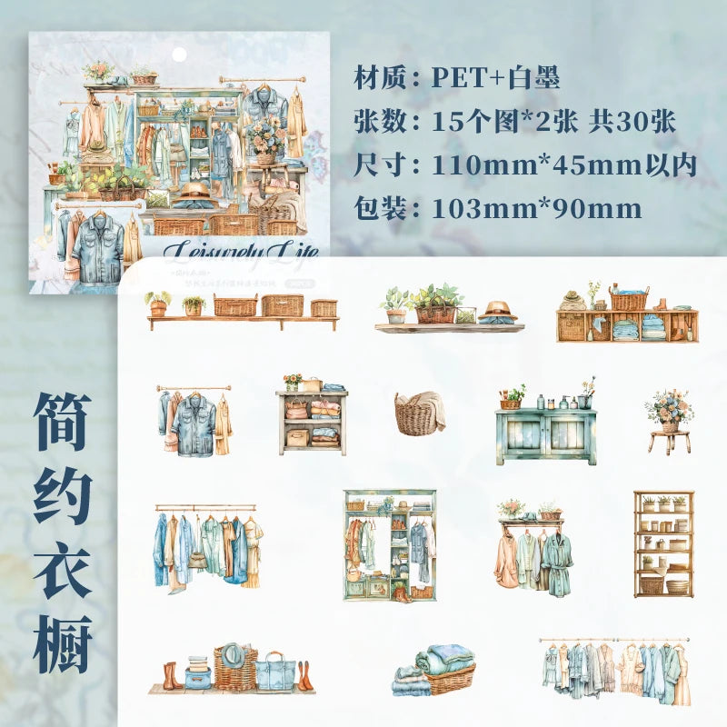 JIANQI 30pcs Home life Sticker Pack Decorative Junk Journal DIY Scrapbooking Supplies Collage Stationery Stickers