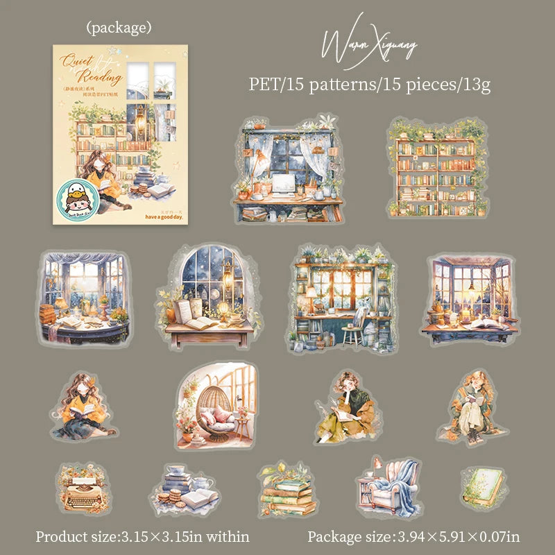 JIANQI 15pcs/pack Reading girl Stickers Junk Journal Creative Stationery DIY Deco Stickers Scrapbooking Supplies