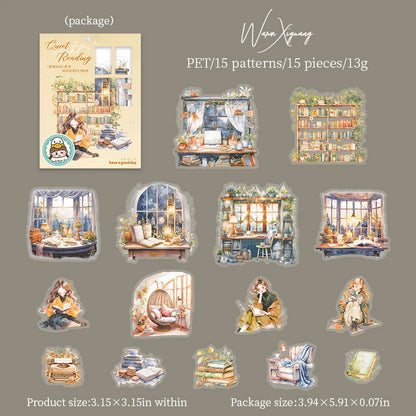 JIANQI 15pcs/pack Reading girl Stickers Junk Journal Creative Stationery DIY Deco Stickers Scrapbooking Supplies