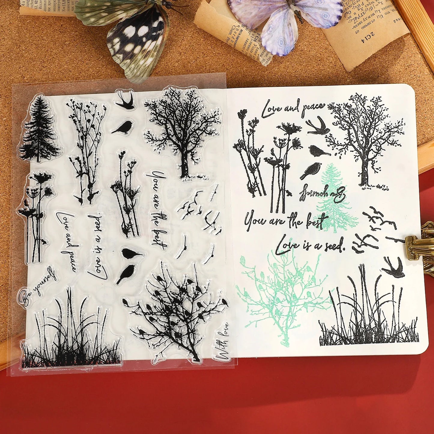 JIANWU Vintage Tree Plant Flower Butterfly Label Bill Landscape Material Collage Silicone Stamp Creative DIY Journal Stationery