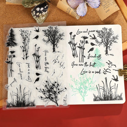 JIANWU Vintage Tree Plant Flower Butterfly Label Bill Landscape Material Collage Silicone Stamp Creative DIY Journal Stationery