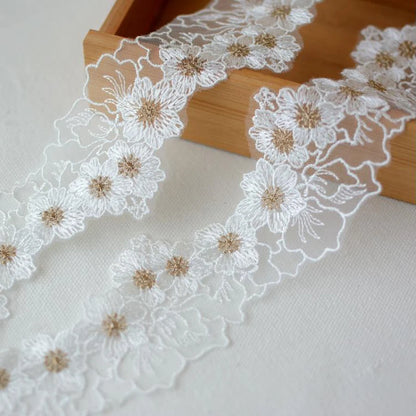 1 Yard Embroidered Green Purple White Flower Lace Fabric Sewing DIY Trim Ruffle Applique Ribbon Collar Decor