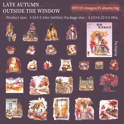 JIANQI 25pcs/pack Autumn Landscape Stickers PET Materials DIY Scrapbooking Art Collage Stationery Planner Decor Diary Sticker