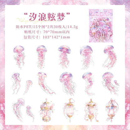 JIANQI 30 pcs Die cutting sticker jellyfish series Dreamlike watercolor jellyfish ocean hand tent DIY decor scrapbook material