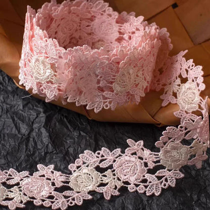 1 Yard Pink Embroidered Lace Ribbon Water Soluble Fabric DIY Garment Accessories Lace Trim Sewing Craft 3.5cm Wide